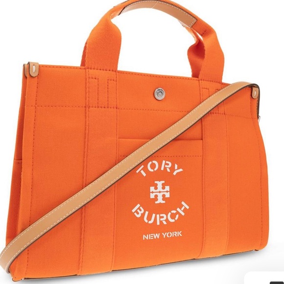 New with tags: Tory Burch Orange Canvas Tote Bag with strap - Picture 5 of 8